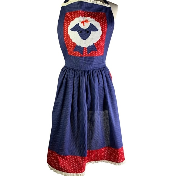 Vintage 90’s Handmade White Fuzzy Sheep Bib Apron Red Gingham Check Ruffle Med. - Picture 1 of 8